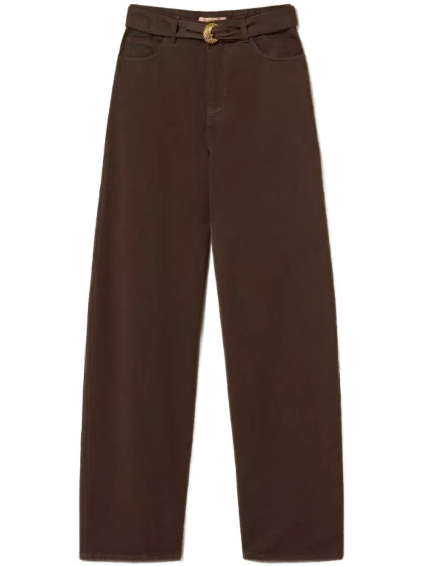 Twin-Set Wide-Leg High Waist Pants With Circular Buckle Belt