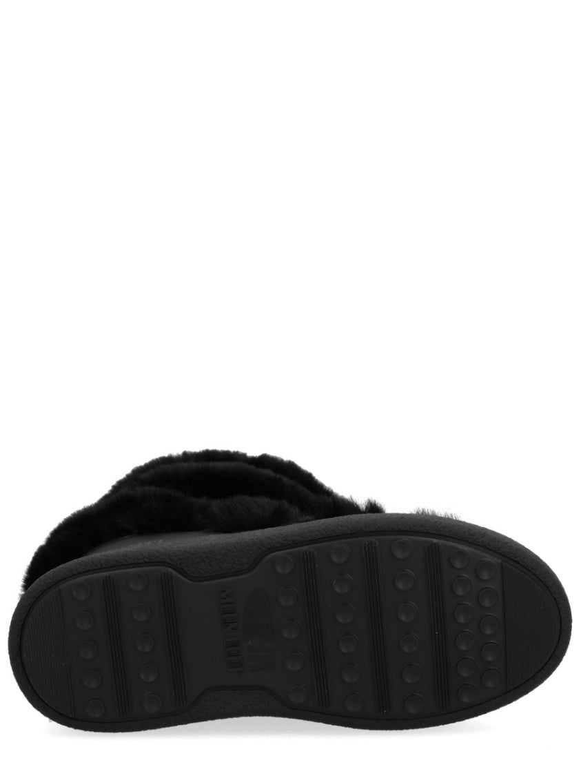 Moon Boot Mid-Calf Plush Black Boots With Lace-Up Detail