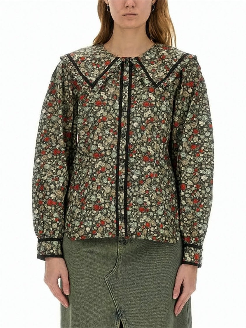 Ganni Floral Print Blouse With Oversized Collar And Puffed Sleeves