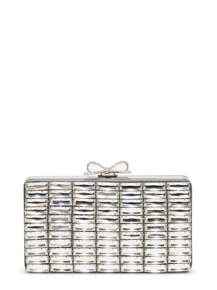 Self-Portrait Rectangular Grey Satin Crystal Clutch Bag