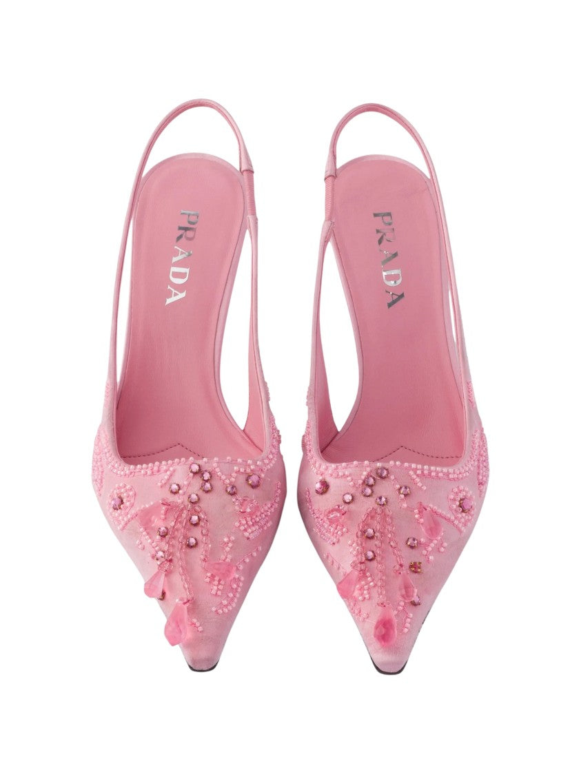 Prada Pink Decollete Embroidered Viscose-Silk Kitten Heel Pumps