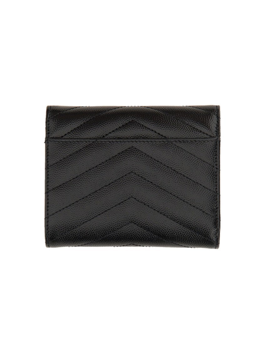 Saint Laurent Chevron Quilted Calfskin Tri-Fold Wallet With Metallic Emblem