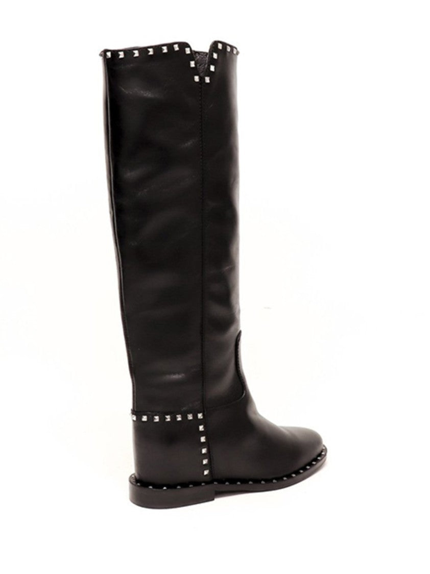 Via Roma 15 High Black Leather Boots With Silver Stud Accents