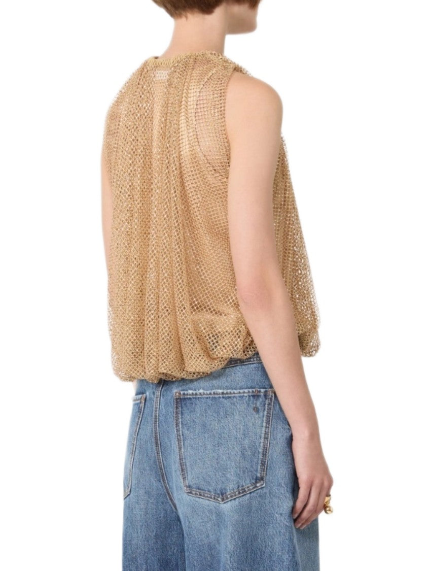 Max Mara Airy Camel Mesh Top With Gathered Neckline