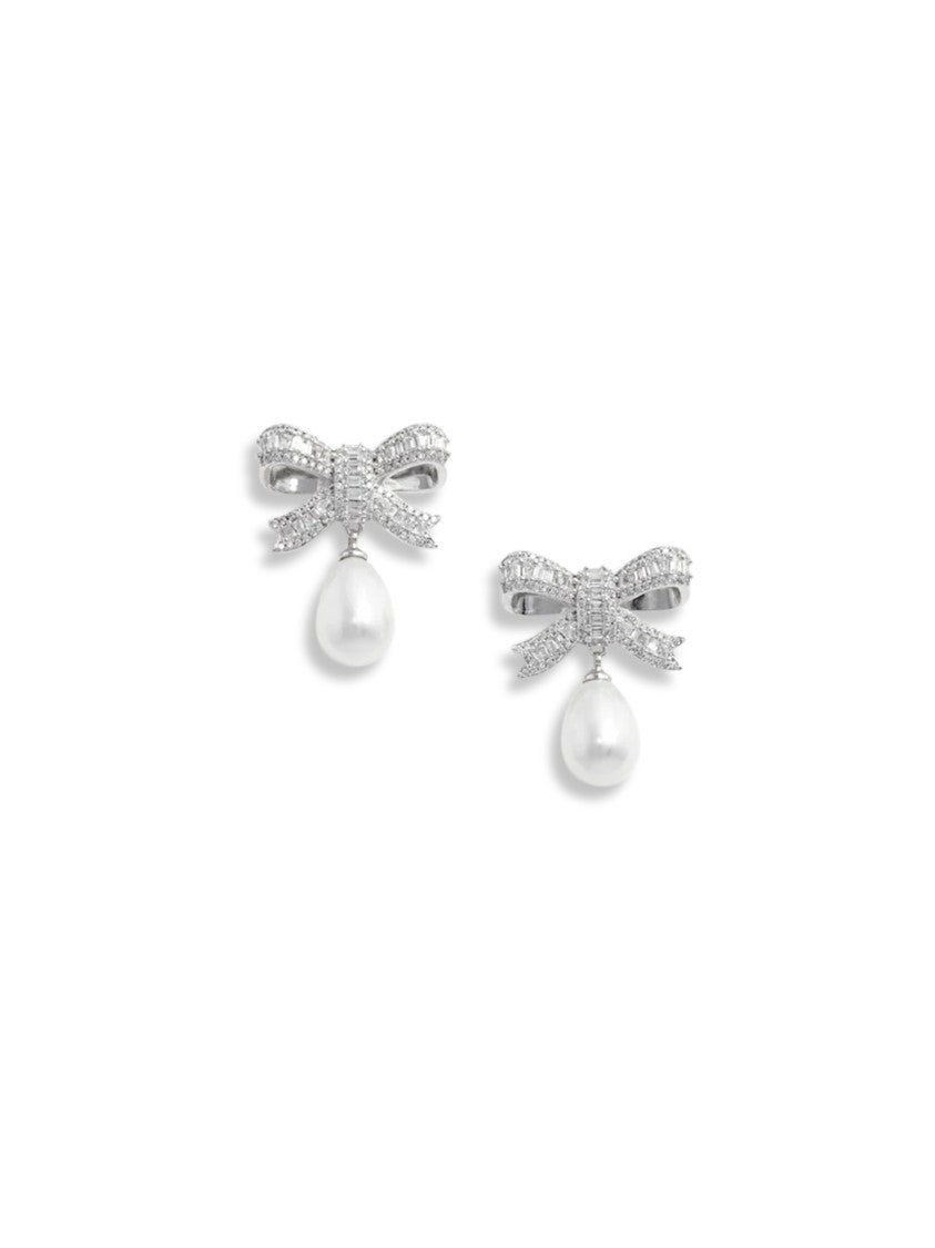 Self-Portrait Crystal-Encrusted Bow Earrings With Pearl Droplet