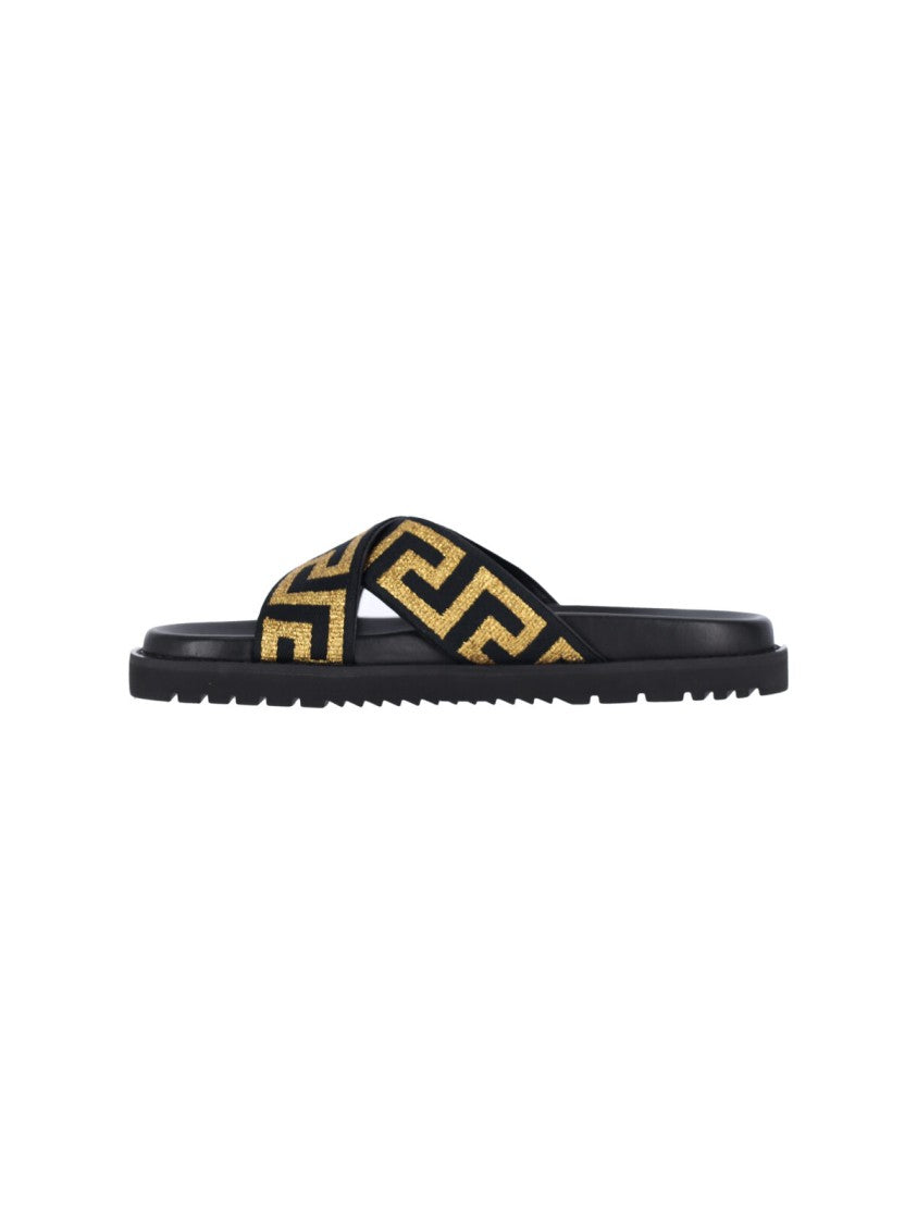 Versace Cross-Strap Slip-On Sandals With Gold Greca Motif