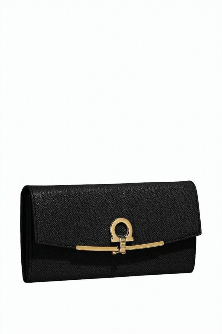 Salvatore Ferragamo Rectangular Textured Leather Long Wallet With Gold-Tone Bar