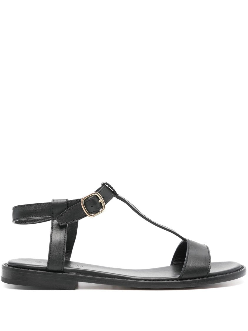 Doucal's Minimalist Black Sandals With T-Strap Buckle Closure