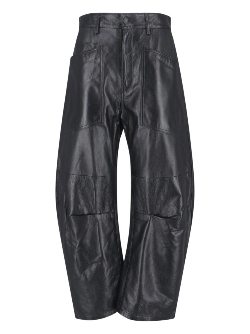 Nili Lotan "Shon" Leather Trousers, Black, Mid-Rise, Belt Loops, Button