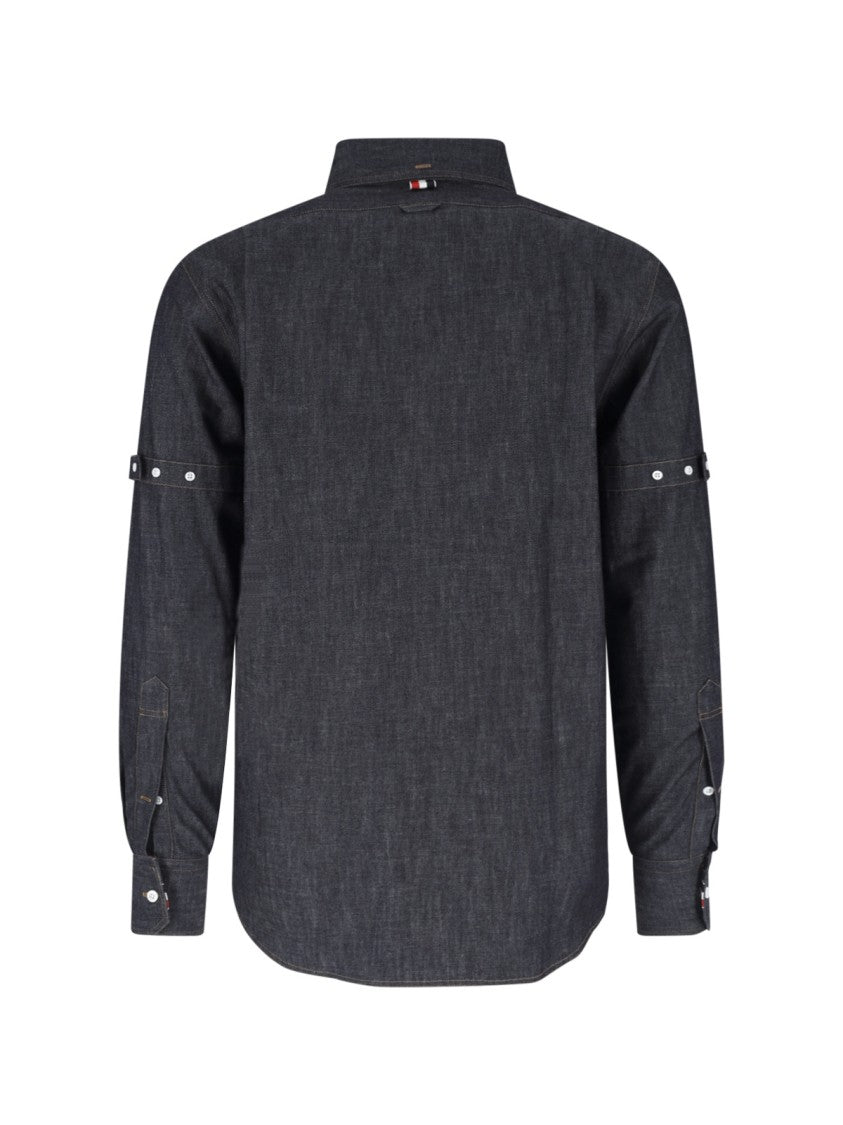 Thom Browne Dark Blue Denim Shirt With Multicolor Tab Detail