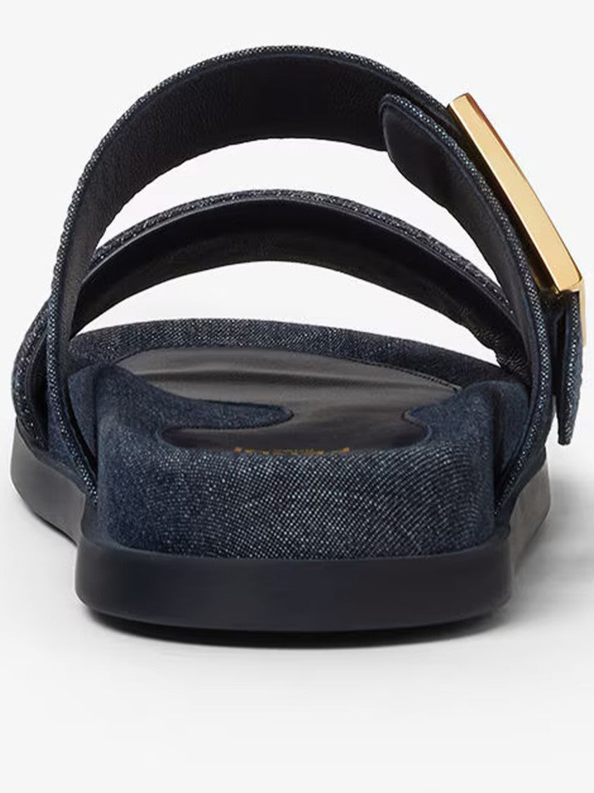 Fendi Feel Denim Wide Strap Gold Buckle Sandals
