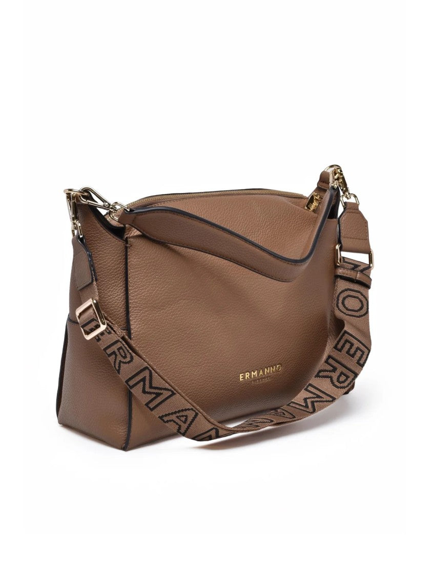 Ermanno Firenze Structured Taupe Shoulder Bag With Adjustable Strap And Gold Accents