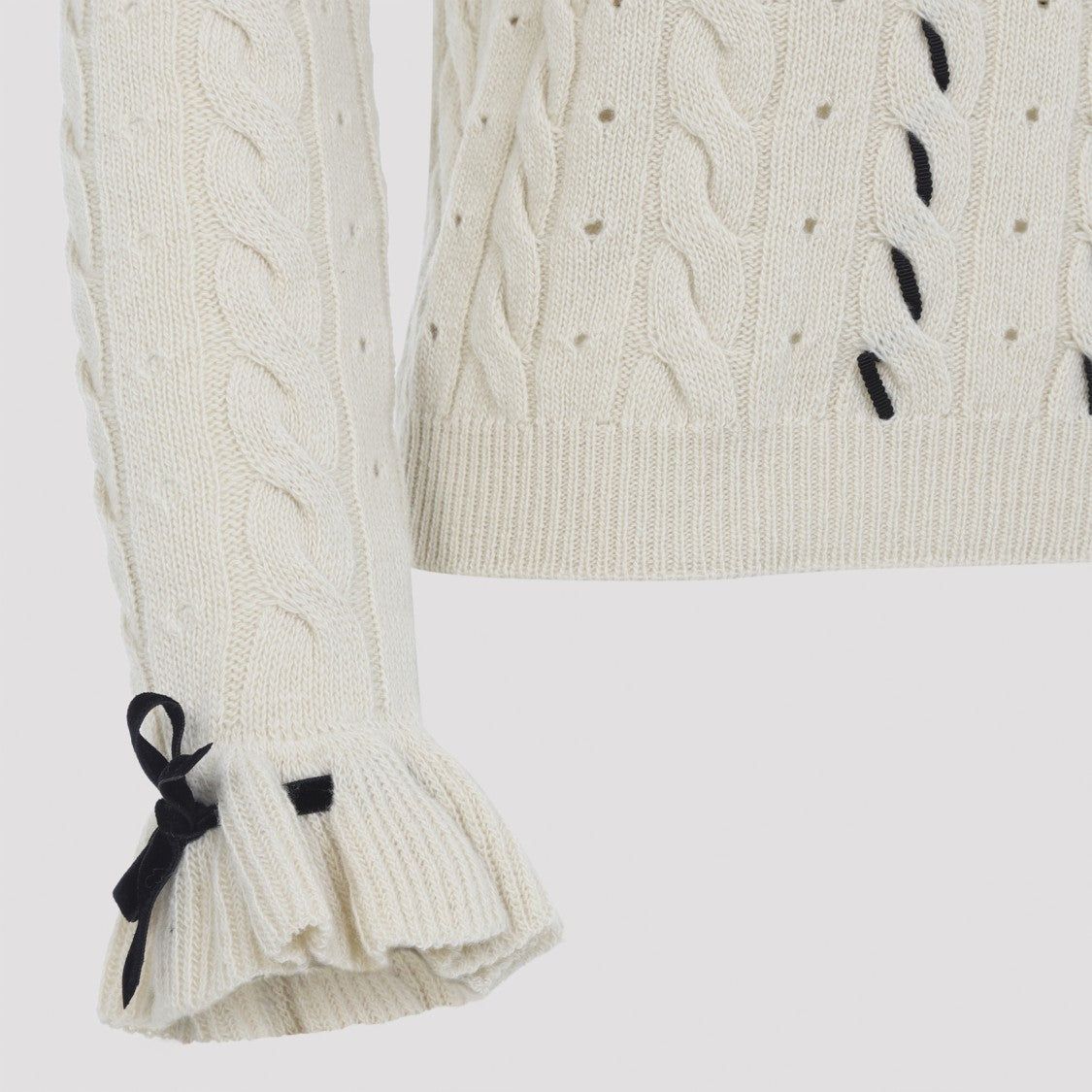 Valentino Fitted Cable Knit Sweater With Ruffled Cuffs