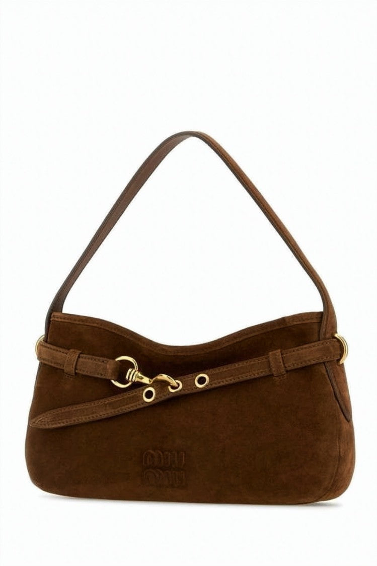 Miu Miu Suede Shoulder Bag With Decorative Belt And Gold-Tone Accents