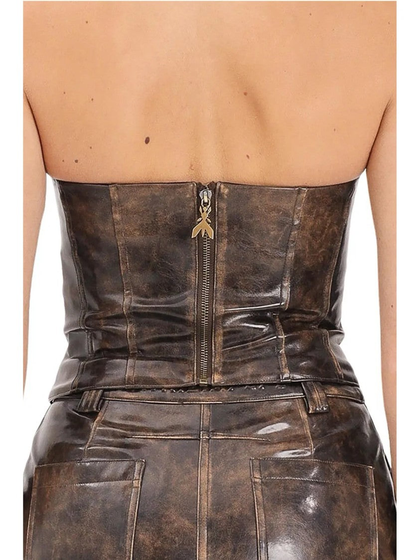 Patrizia Pepe Strapless Structured Brown Corset Top With Textured Finish