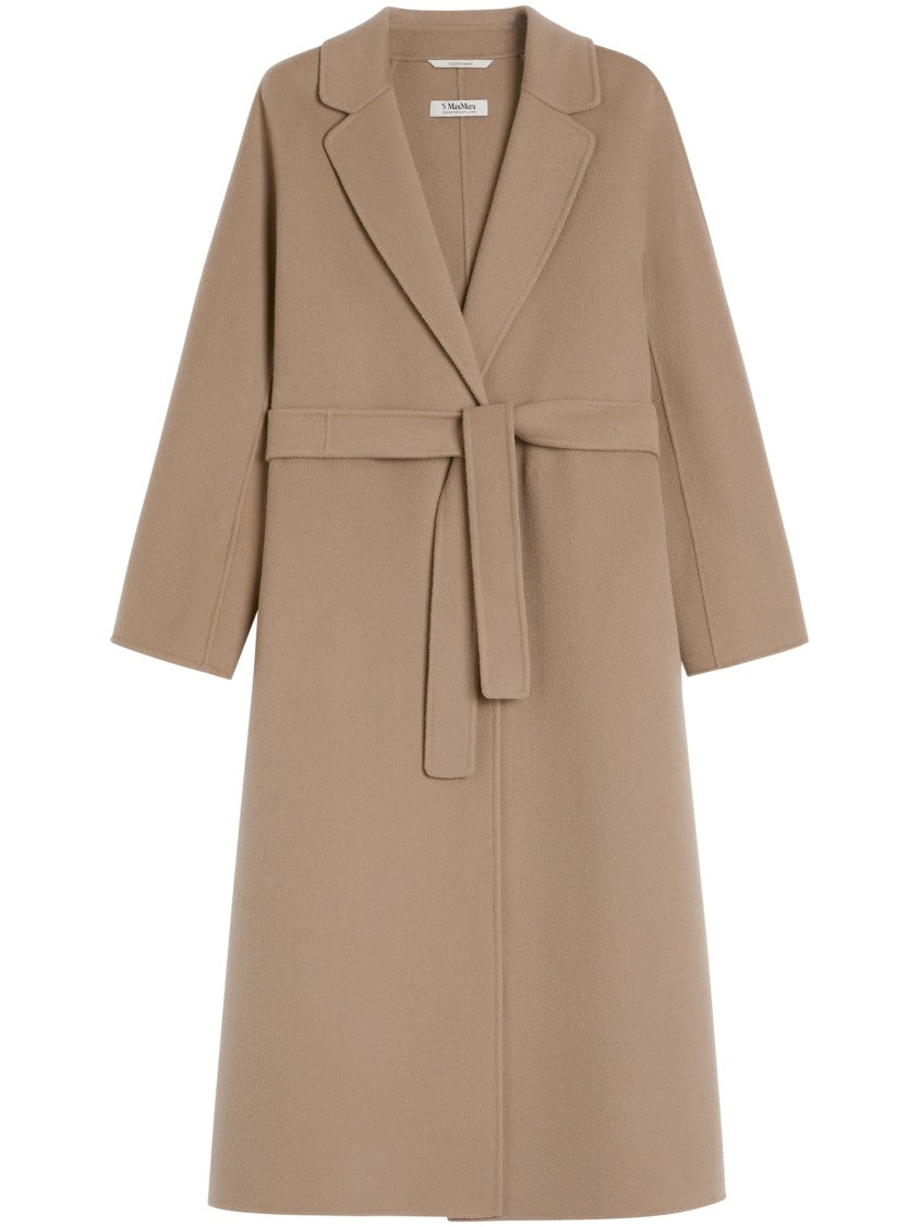 Max Mara Dove Grey Long Coat With Belted Waist And Classic Lapel