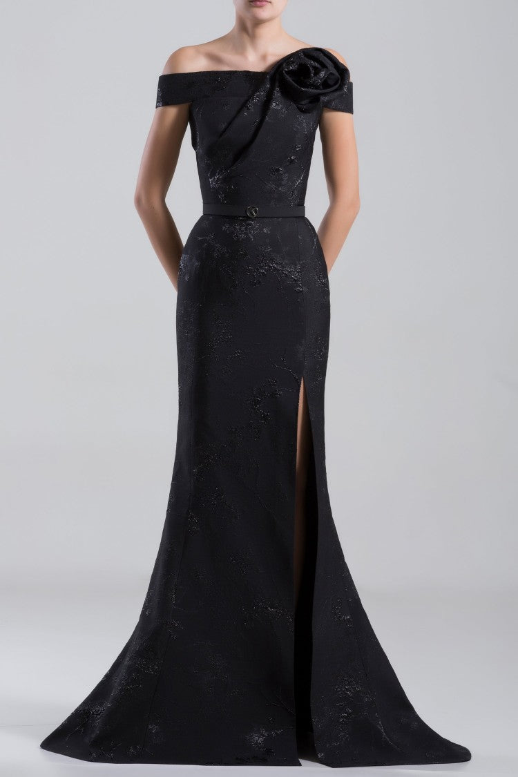 Saiid Kobeisy Long Brocade Dress With A Thin Belt