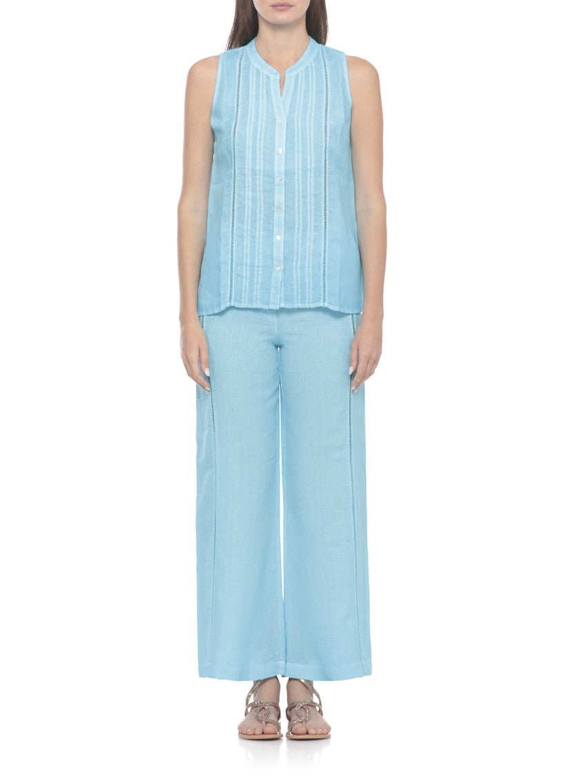 120% Lino Light Blue Cut-Out Linen Tank Top