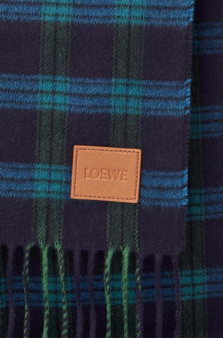 Loewe Tartan Plaid Silk-Cashmere Scarf With Fringed Edges