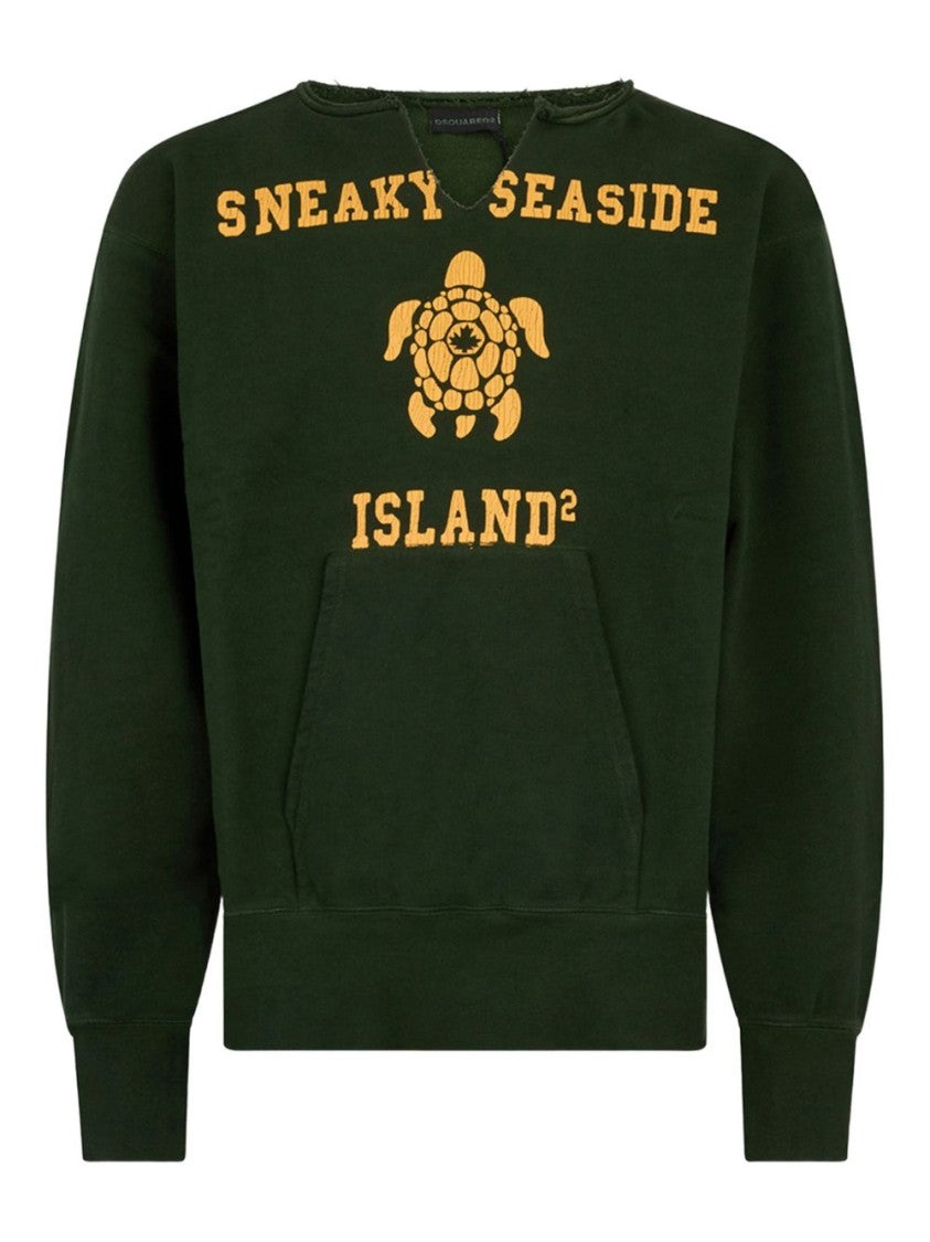 Dsquared2 Dark Green Graphic Frayed Crew Neck Sweater
