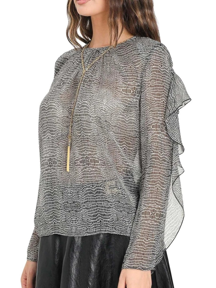 Elisabetta Franchi Ruffled Semi-Sheer Black Silk Blouse With Elegant Detailing