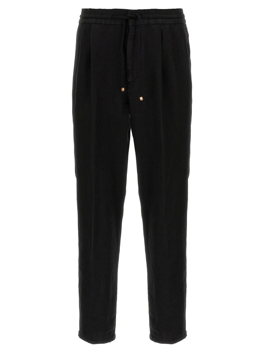 Brunello Cucinelli Garment-Dyed Black Linen Trousers With Adjustable Waist
