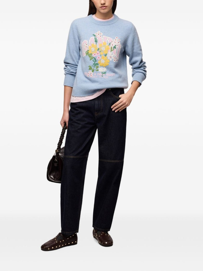 Ganni Light Blue Knit Sweater With Floral Graphic