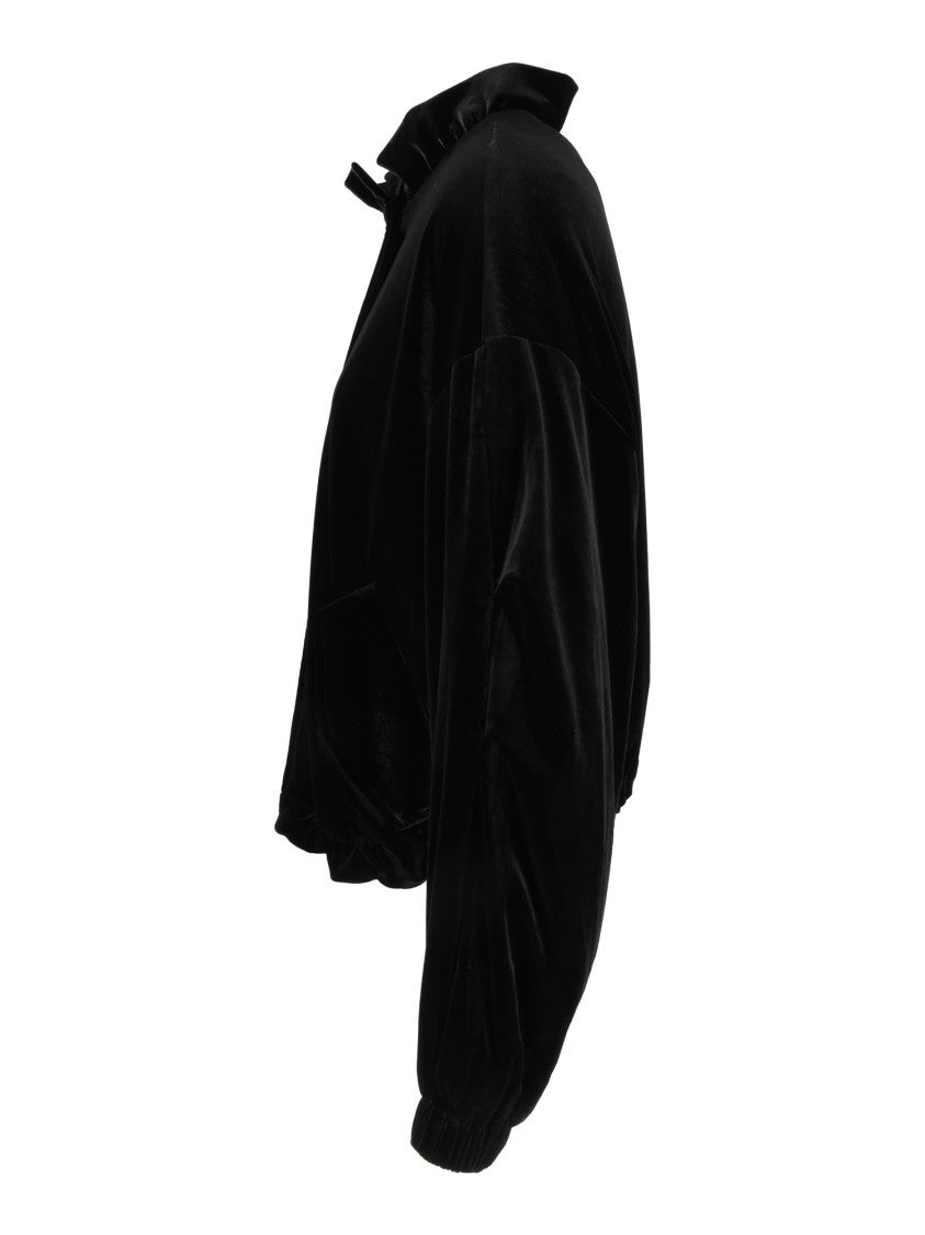 Emporio Armani Black Ruffled Collar Elasticated Hem Velvet Blouson Jacket
