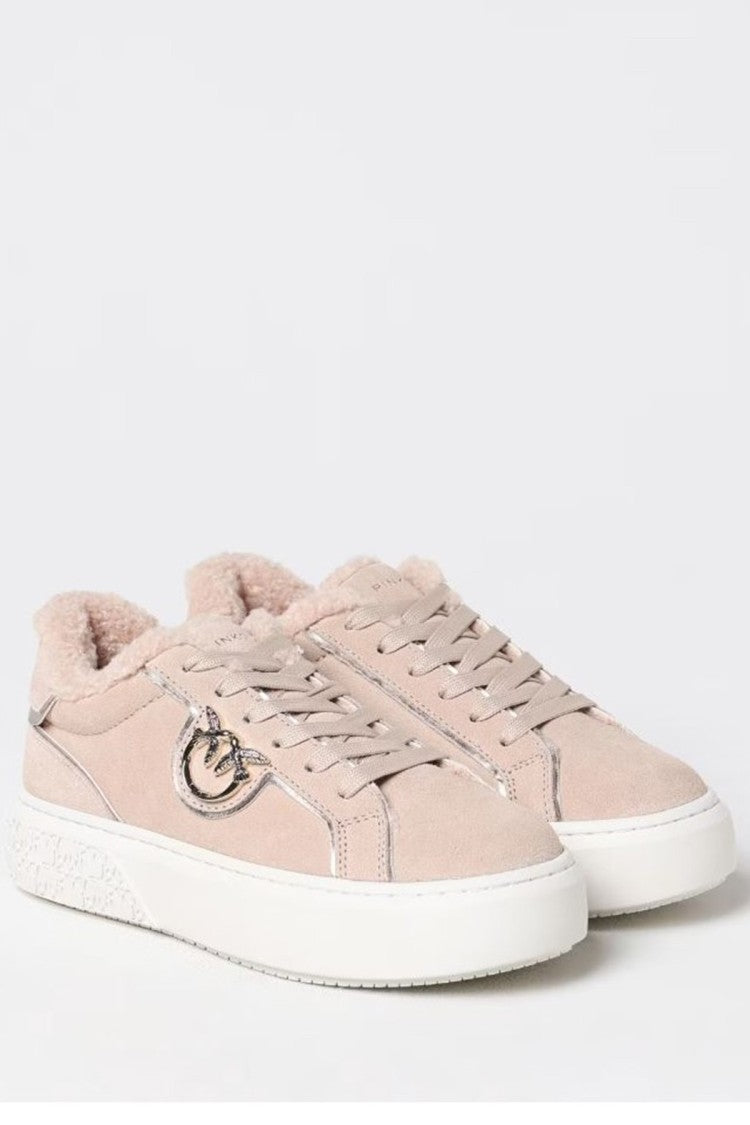Pinko Pink Love Buckle Shearling Suede Sneakers