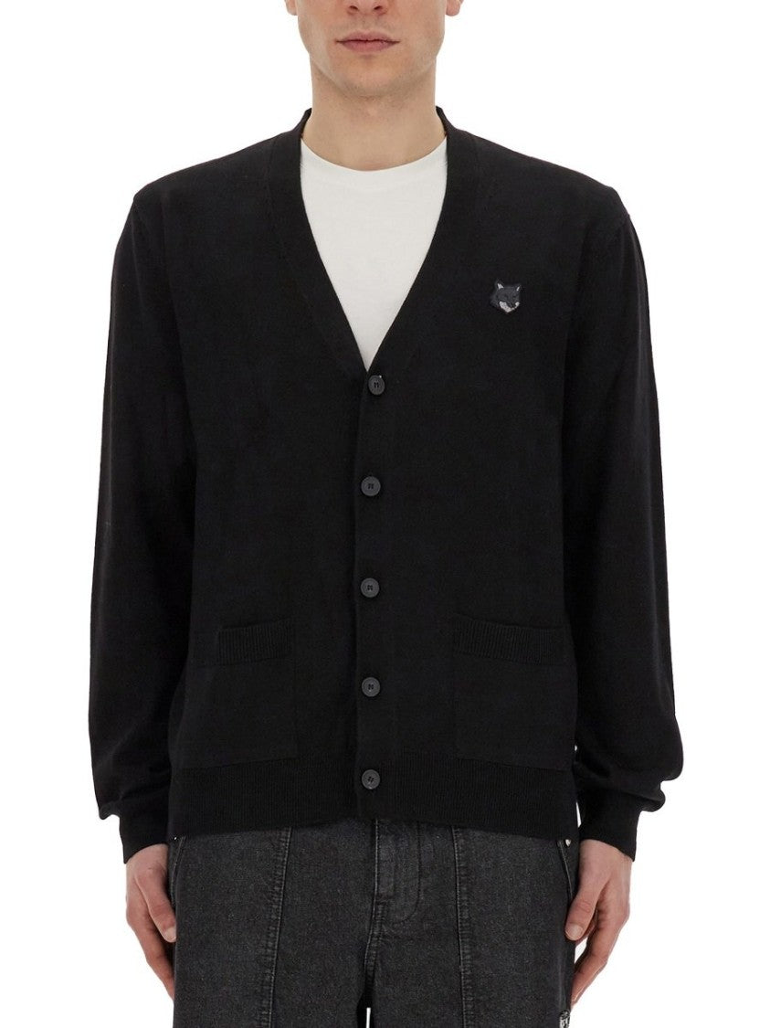 Maison Kitsuné Black Wool Cardigan With V-Neckline And Embroidered Fox Emblem