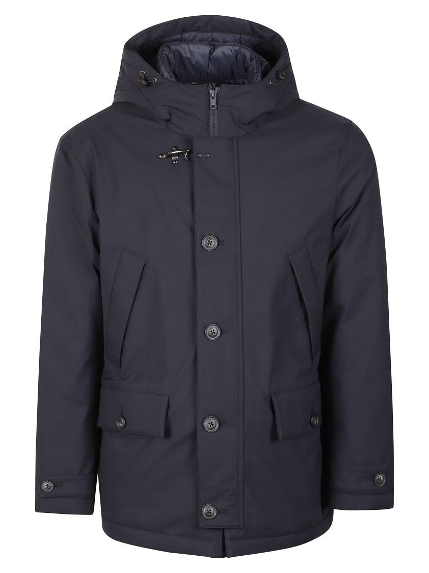 Fay Navy Hooded Coat With Button And Zipper Closure