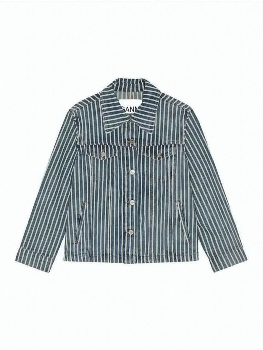Ganni Cropped Denim Jacket With Vertical Stripes