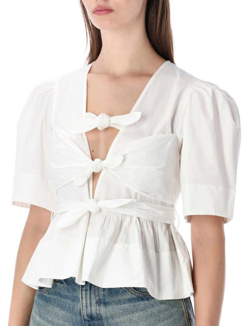 Ganni Washed Stretch Cotton Triple Bow Blouse