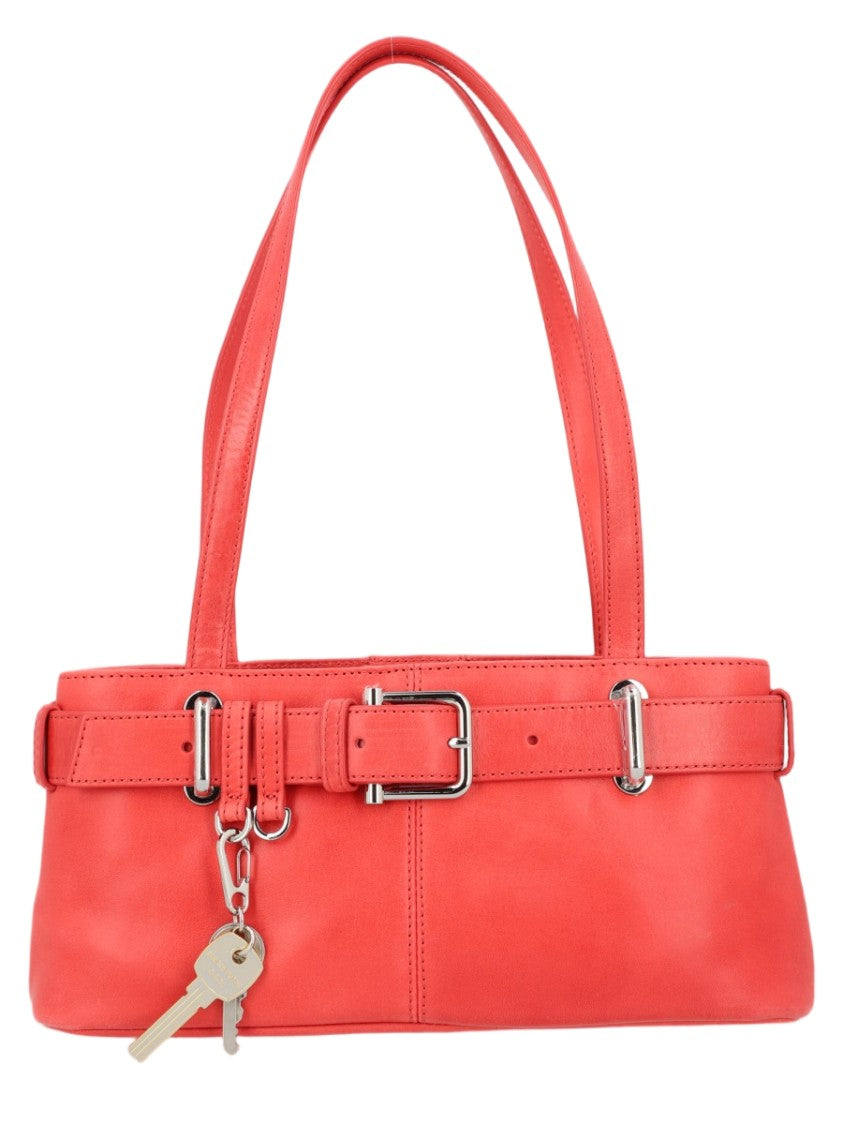 Osoi Rectangular Red Leather Shoulder Bag With Silver Buckle And Key Charm