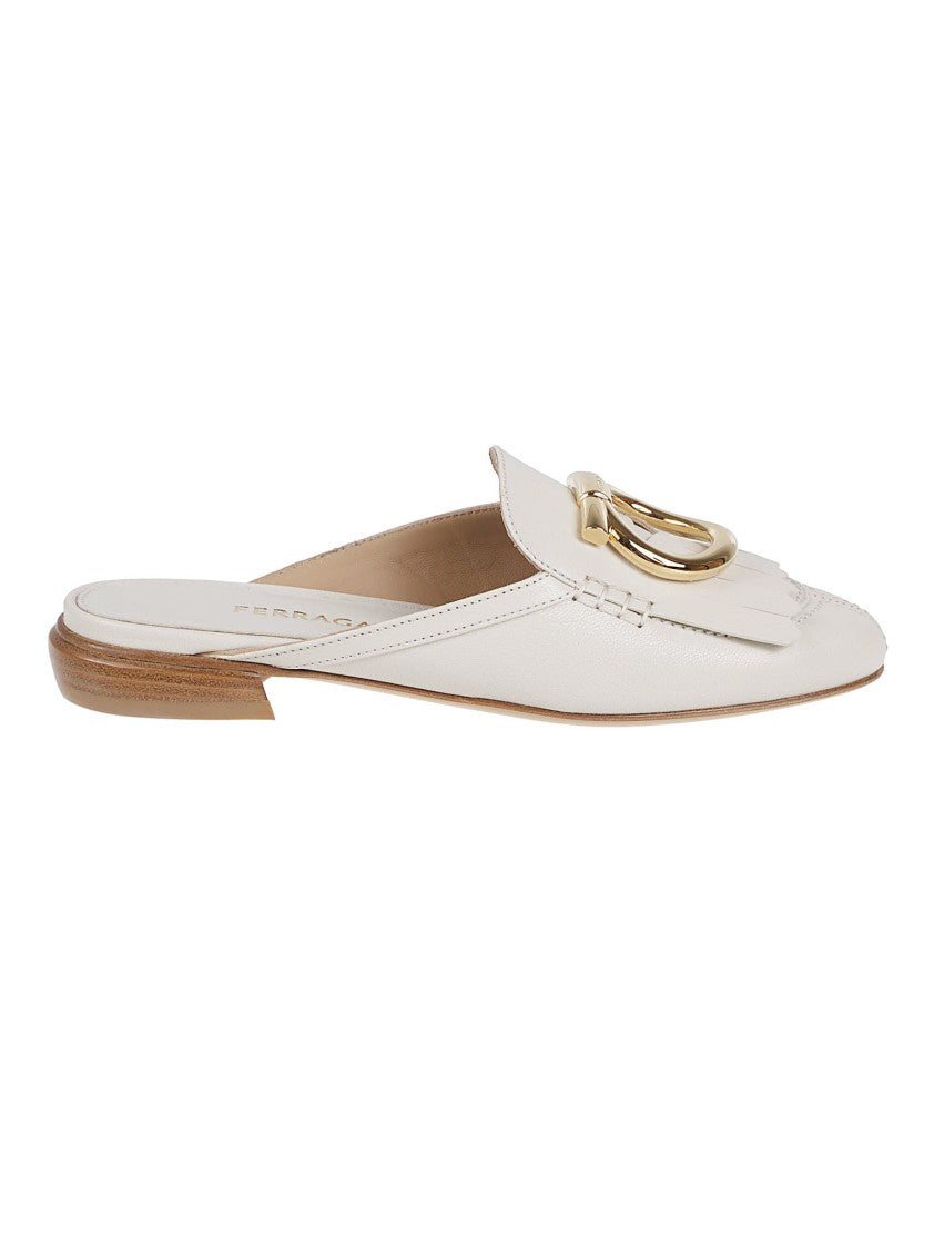 Ferragamo Ivory Leather Slip-On Sandals With Gold Gancini Detail