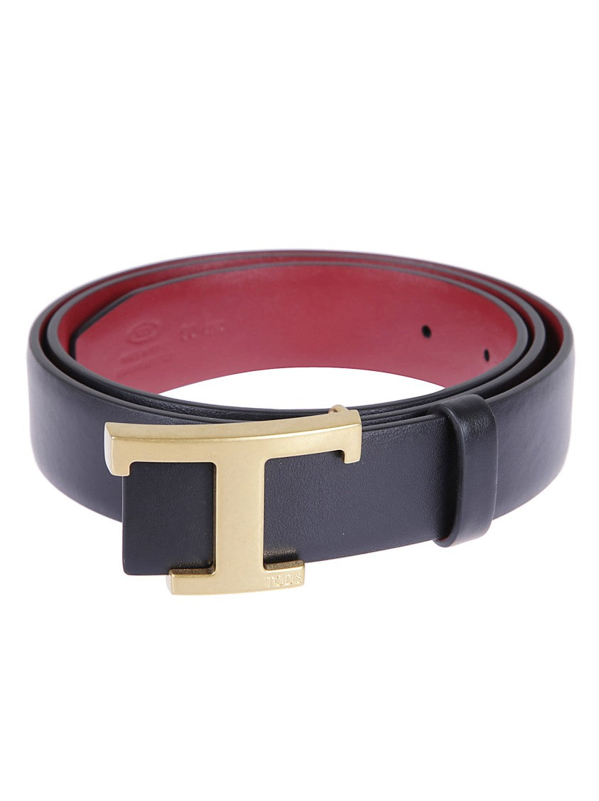 Tod's Merlot Leather Belt With Polished Gold-Tone T Buckle