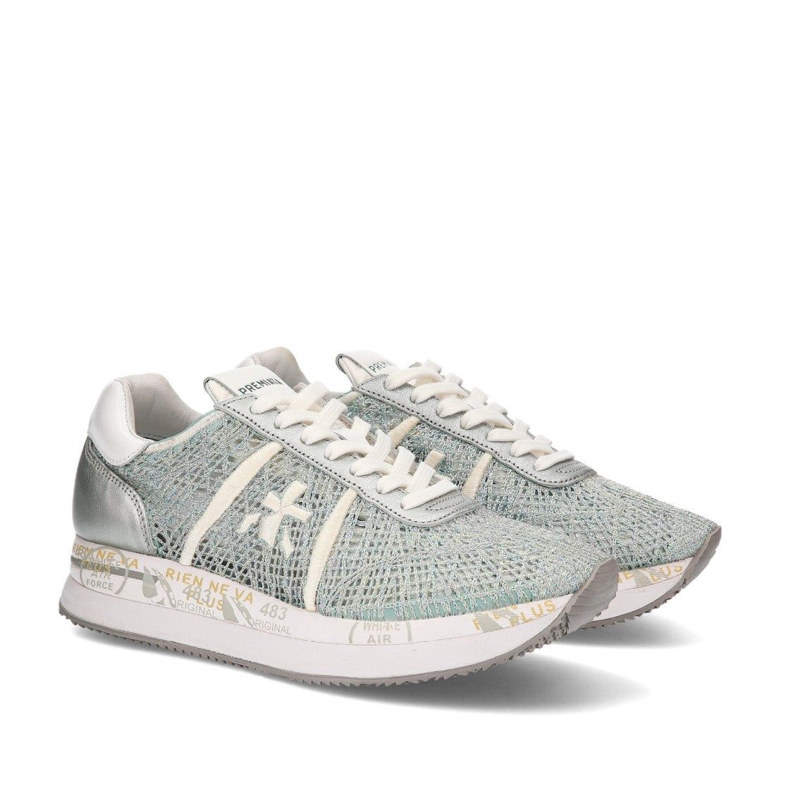 Premiata Light Blue Gray Crochet Fabric Conny Sneakers