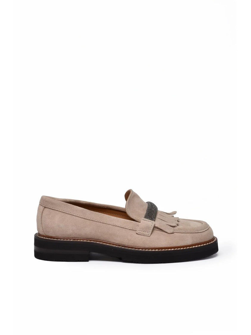 Eleventy Beige Fringe Detail Textured Strap Suede Loafers