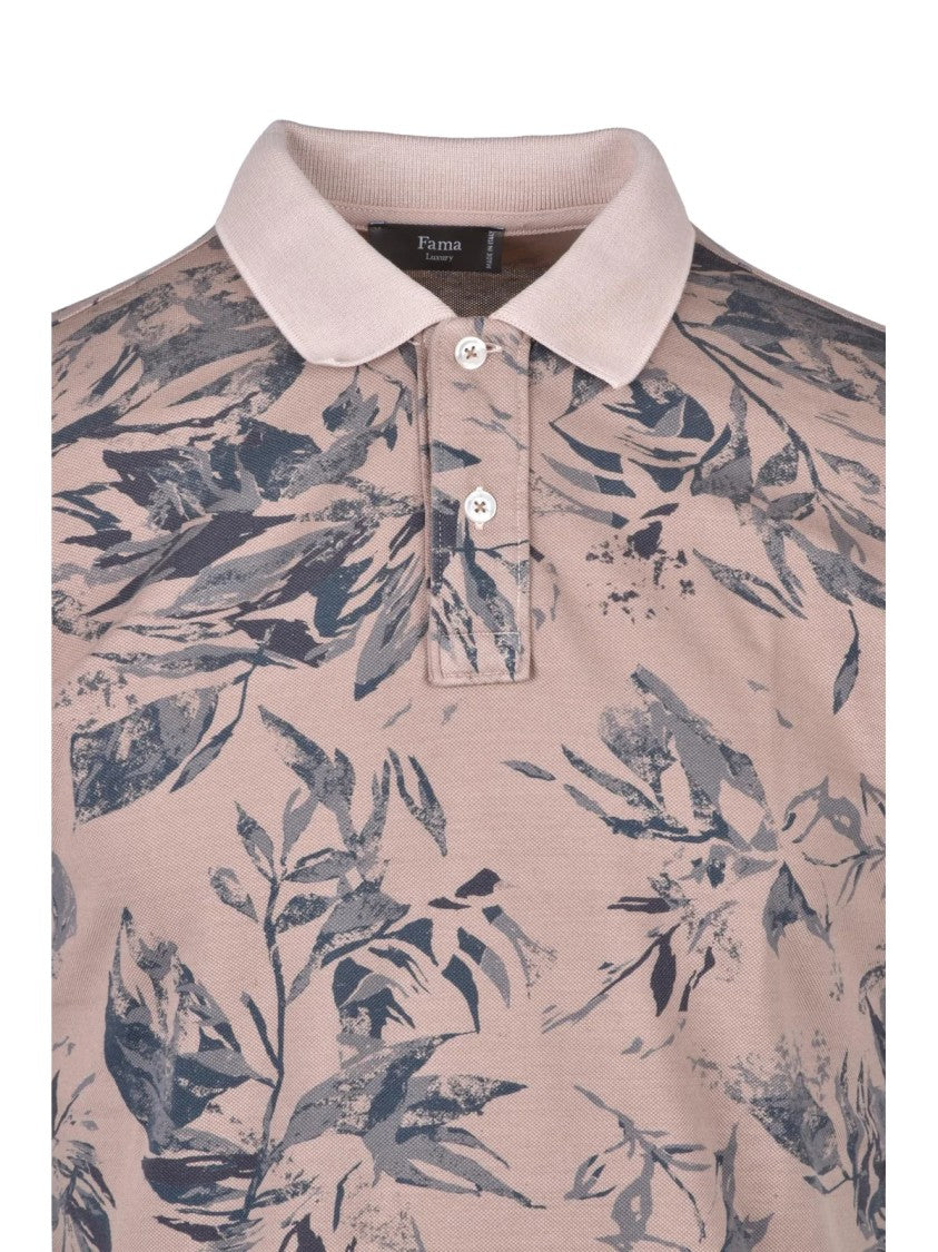 Fama Short-Sleeve Polo Shirt With Abstract Leaf Print And Classic Collar