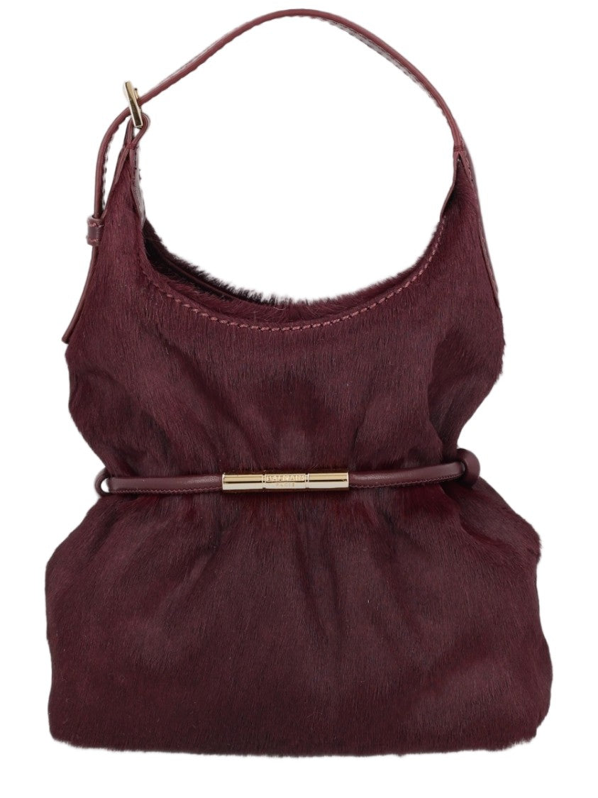 Balmain Burgundy Textured Handbag With Adjustable Strap And Gold-Tone Detail