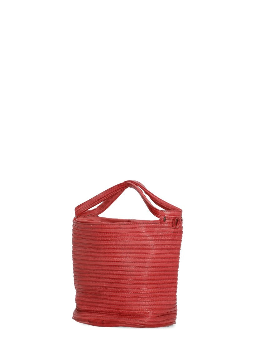 Majo Textured Red Leather Shoulder Bag With Drawstring Fastening
