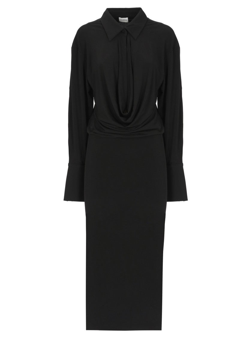 The Andamane Black High-Neck Draped Midi Dress