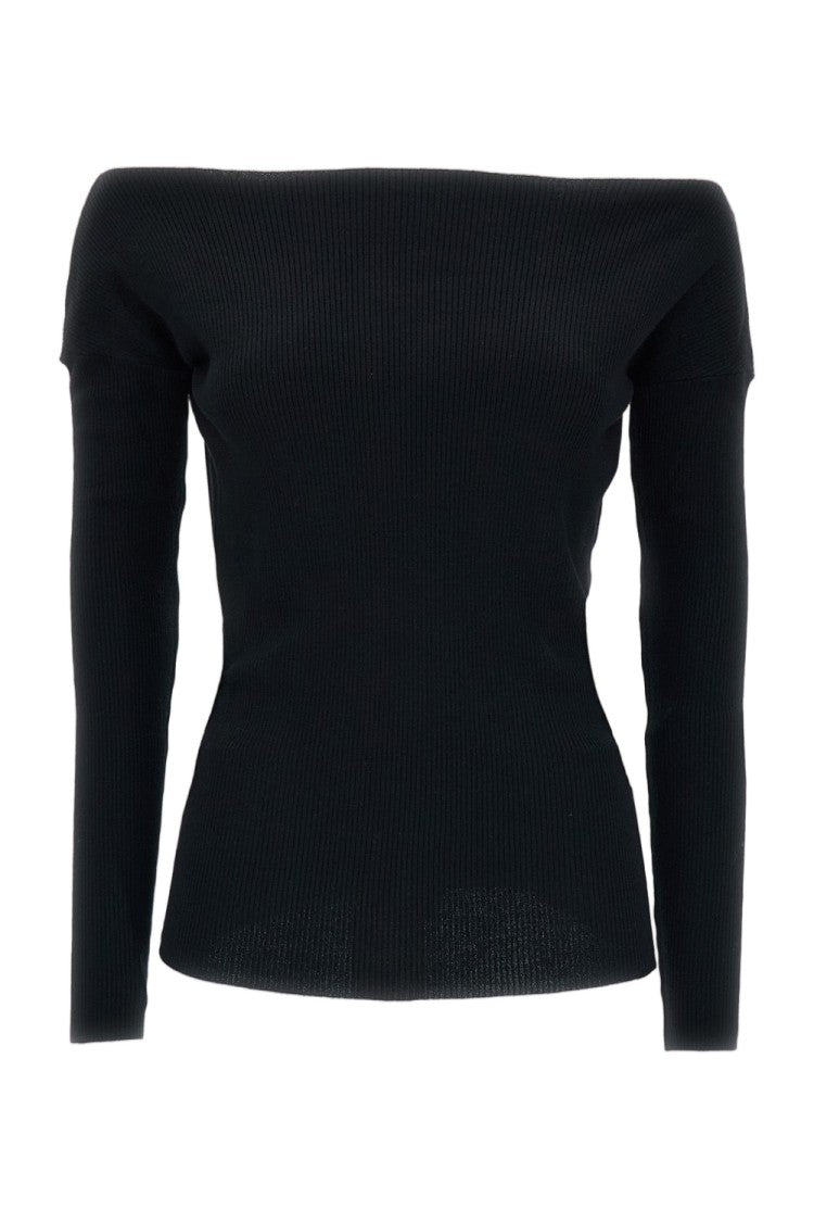 Parosh Black Ribbed Wool Off-Shoulder Top
