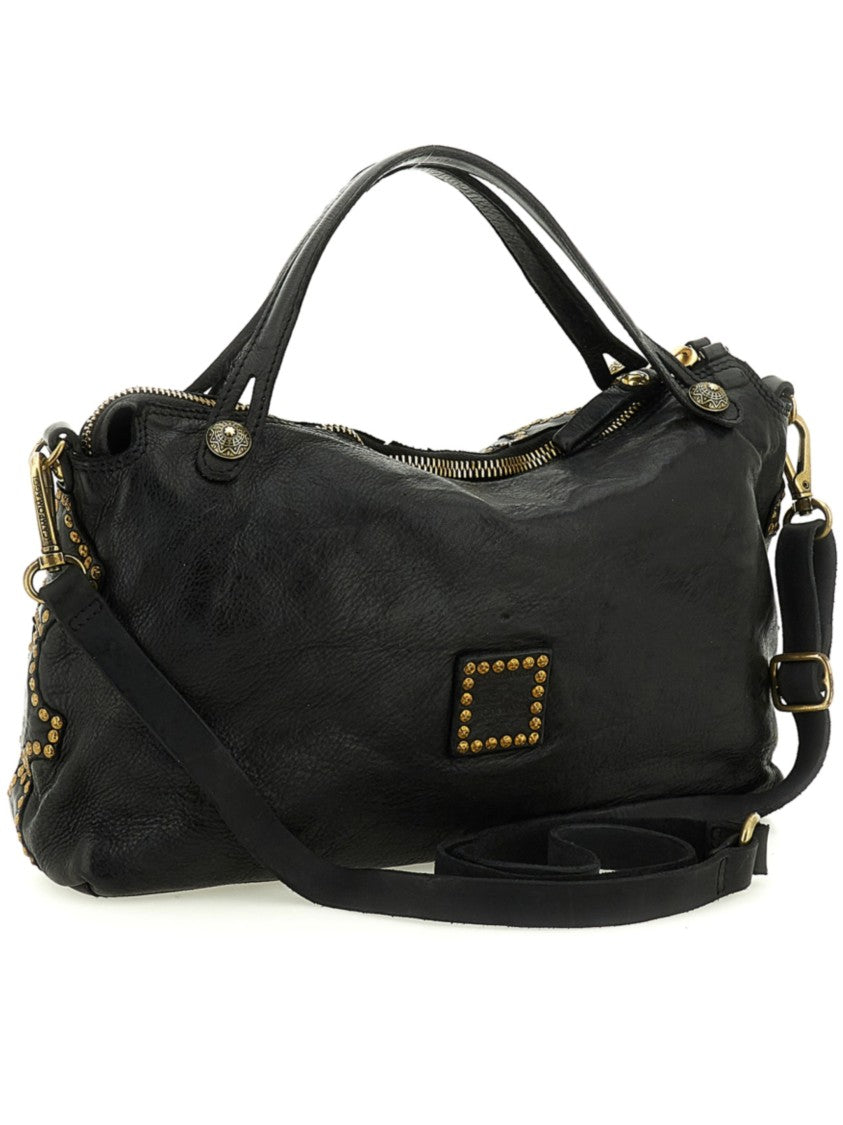 Campomaggi Black Leather Handbag With Circular Patch Design And Gold-Tone Studs