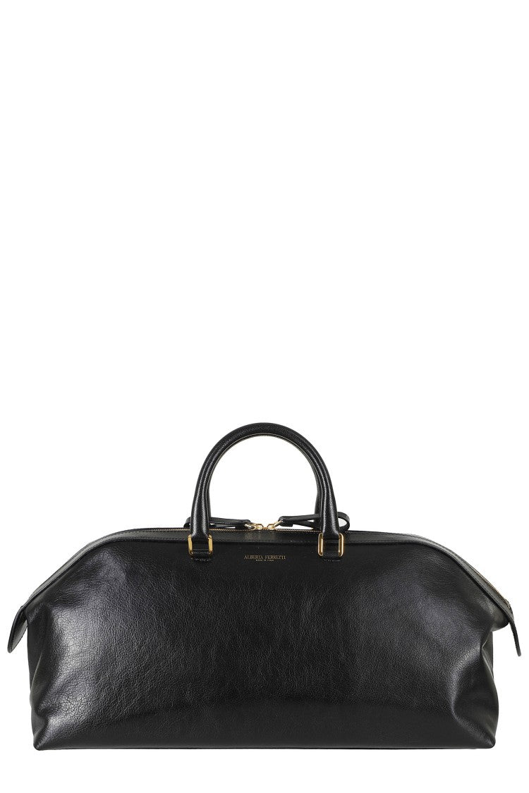 Alberta Ferretti Black Double Zip Embossed Logo Leather Tote Bag