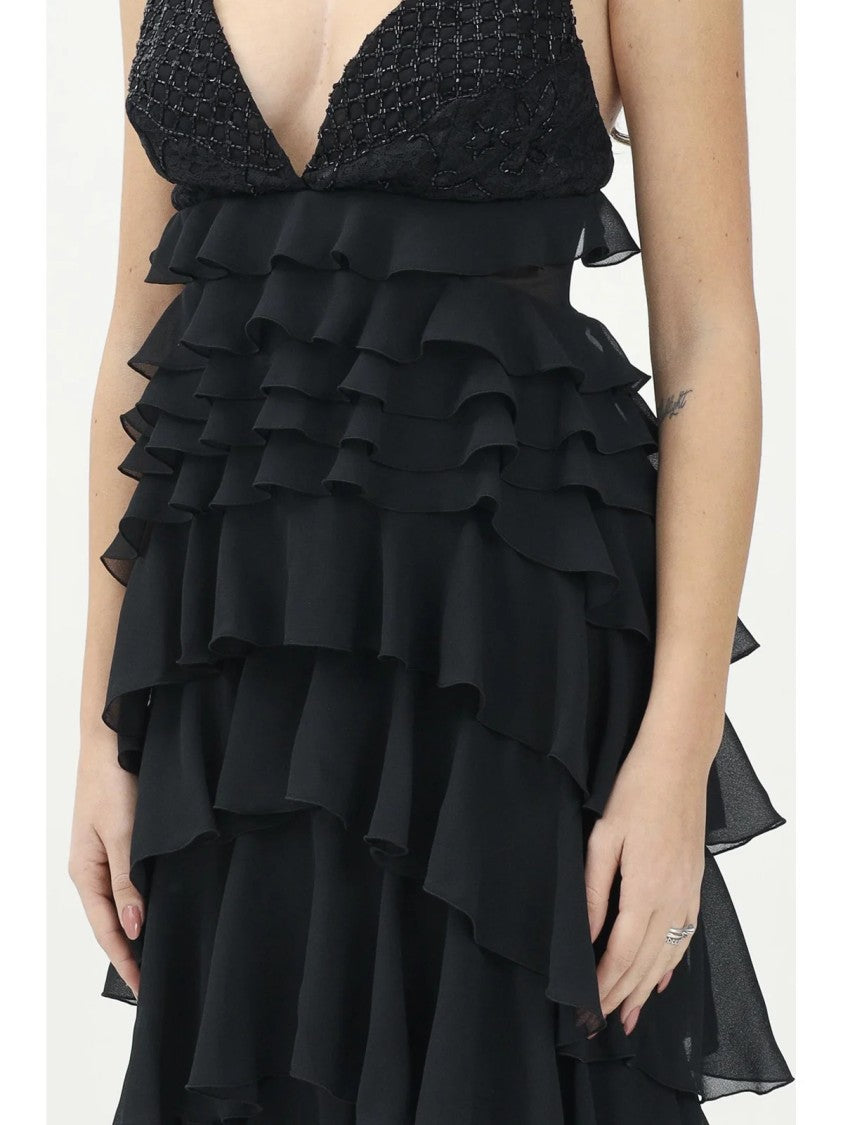 Elisabetta Franchi Black Polyester Ruffled Voile Dress