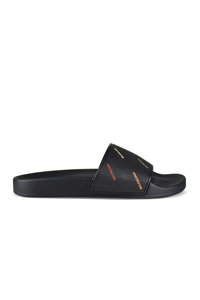 Balenciaga Open-Toe Black Rubber Slides With Multicolored Logo