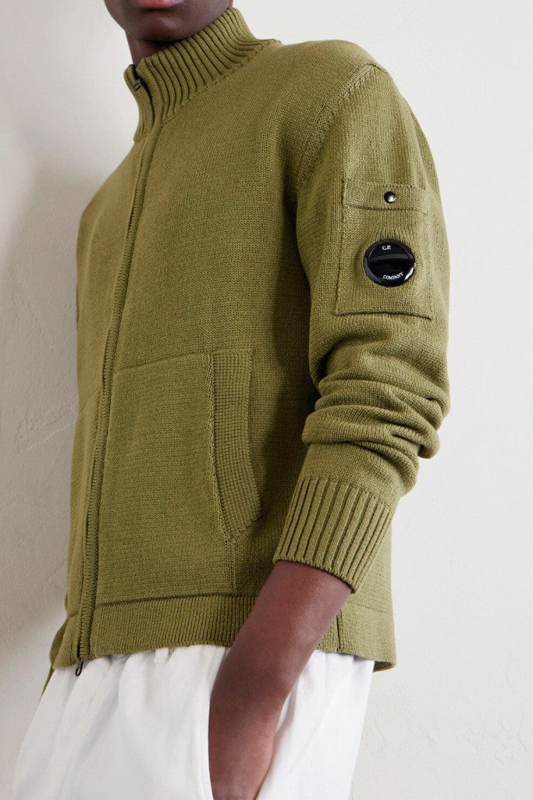 C.P. Company Olive Green Lens Detail Funnel-Neck Cotton Sweater