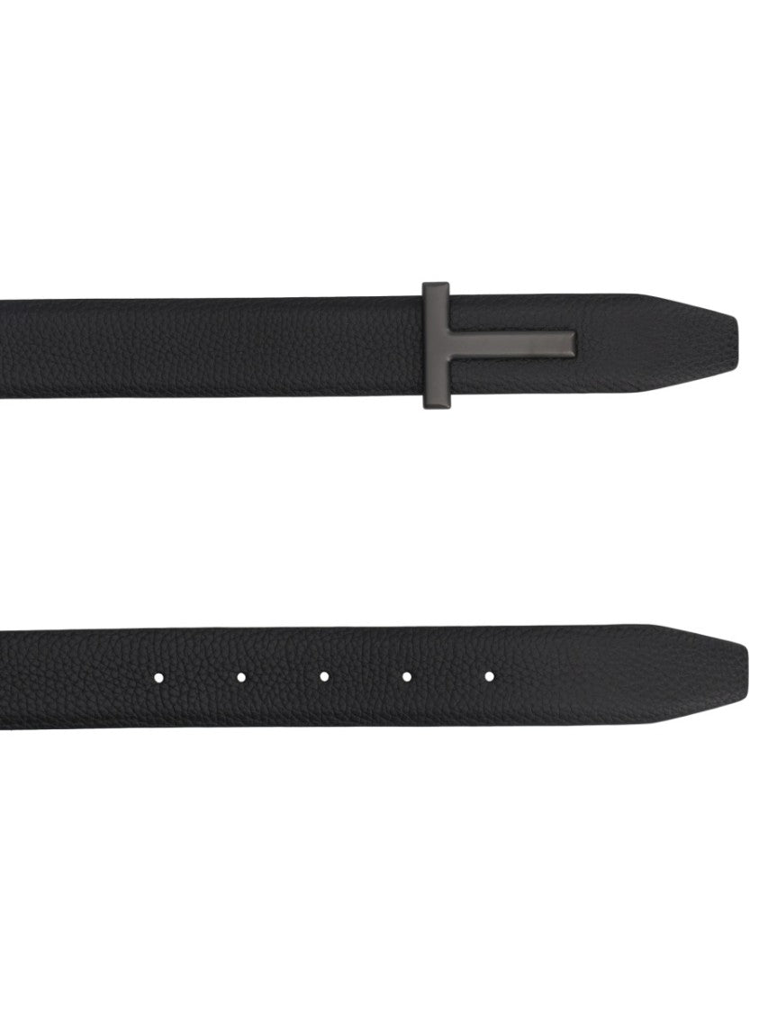 Tom Ford Textured Black Calf Leather T Buckle Belt