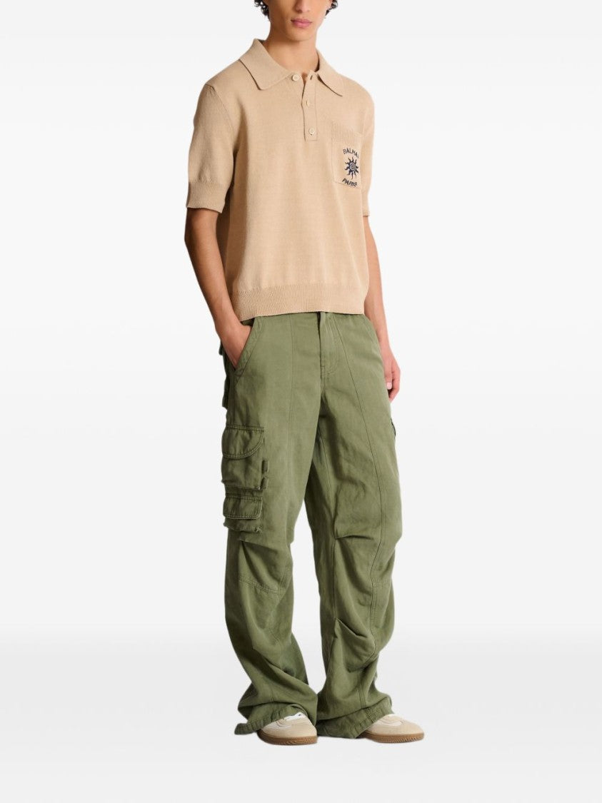 Balmain Beige Ribbed Short-Sleeve Polo Shirt